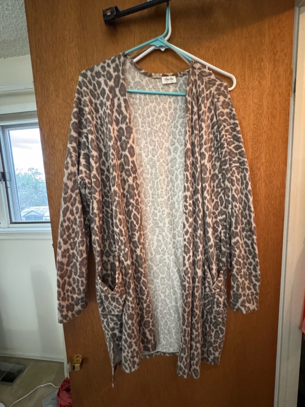 Leopard-Print Open Front Cardigan in Brown & Gray